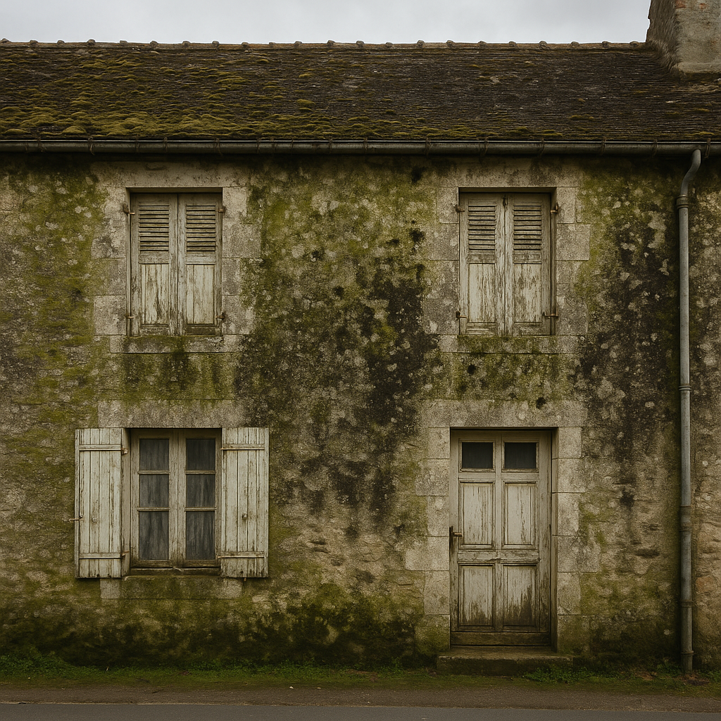 Avant — Façade encrassée et couverte de mousse, Pessac