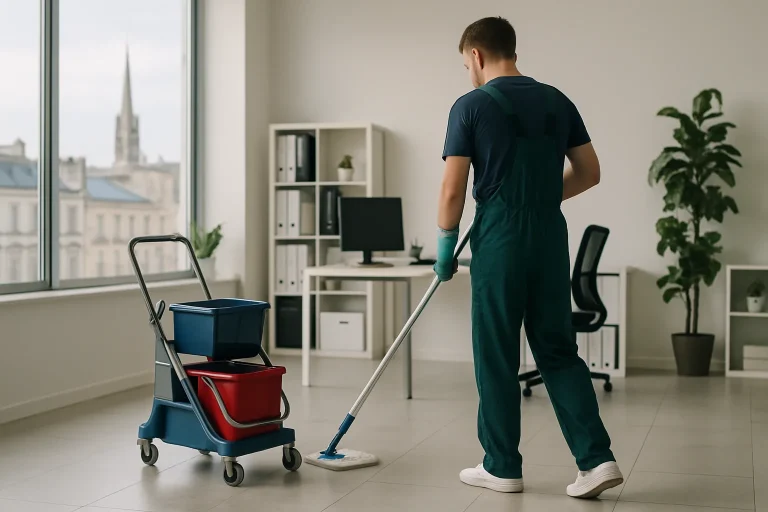 Un professionnel du nettoyage à Bordeaux nettoyant un appartement insalubre.