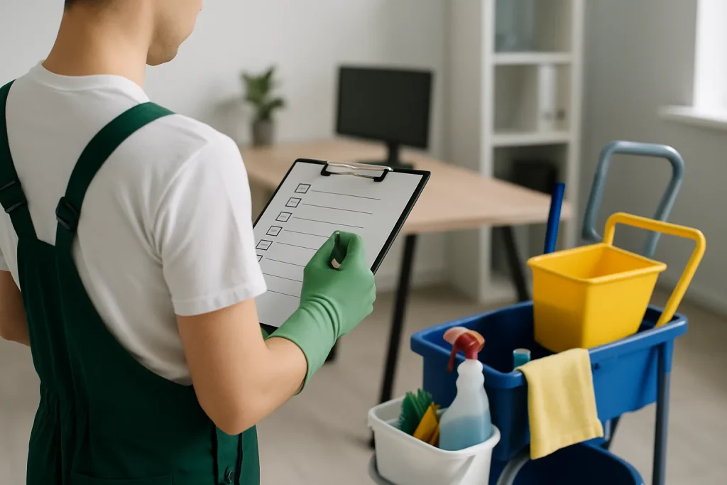 Professionnel du nettoyage dans un appartement à Portets, utilisant des équipements modernes.