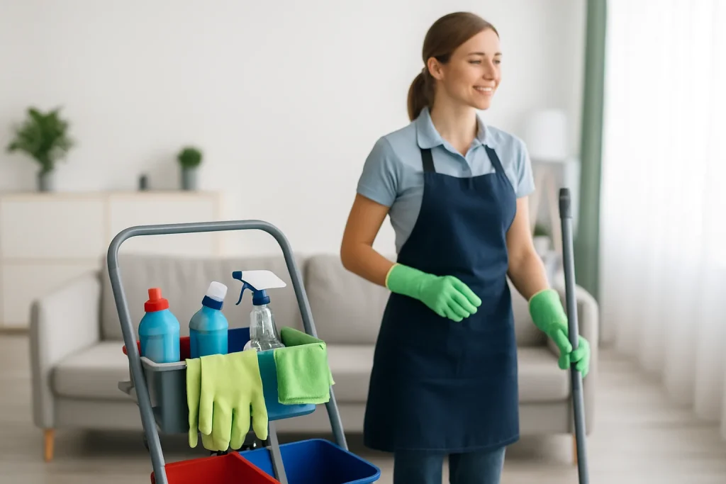 Équipe de nettoyage professionnelle à Créon utilisant des équipements modernes dans une maison.
