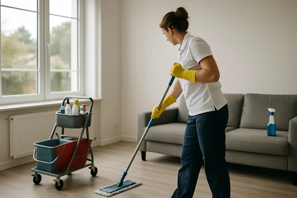 Equipe de nettoyage professionnelle dans un appartement à Le Porge, utilisant des équipements adaptés.