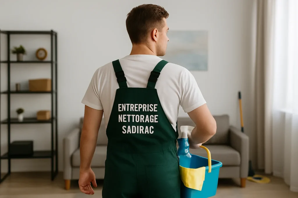 Un professionnel nettoyant un appartement avec des produits écologiques à Sadirac.