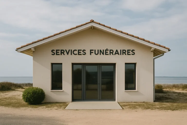 Façade d'un bâtiment de services funéraires près du Bassin d’Arcachon sous un ciel nuageux