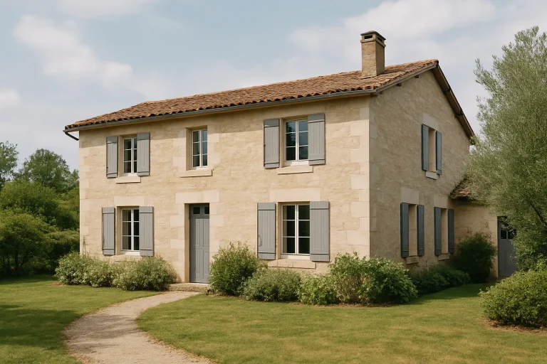 Façade d'une maison de campagne à Langon, entourée de végétation