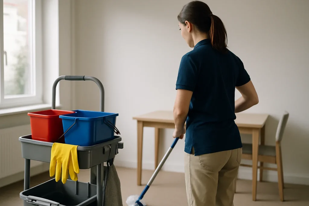 Des nettoyeurs professionnels travaillent dans un appartement à Léognan, utilisant des équipements spécialisés.