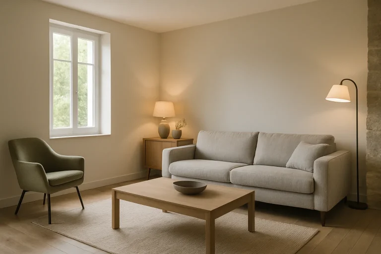 Salon rénové avec mobilier moderne dans une maison du Médoc, ambiance accueillante.