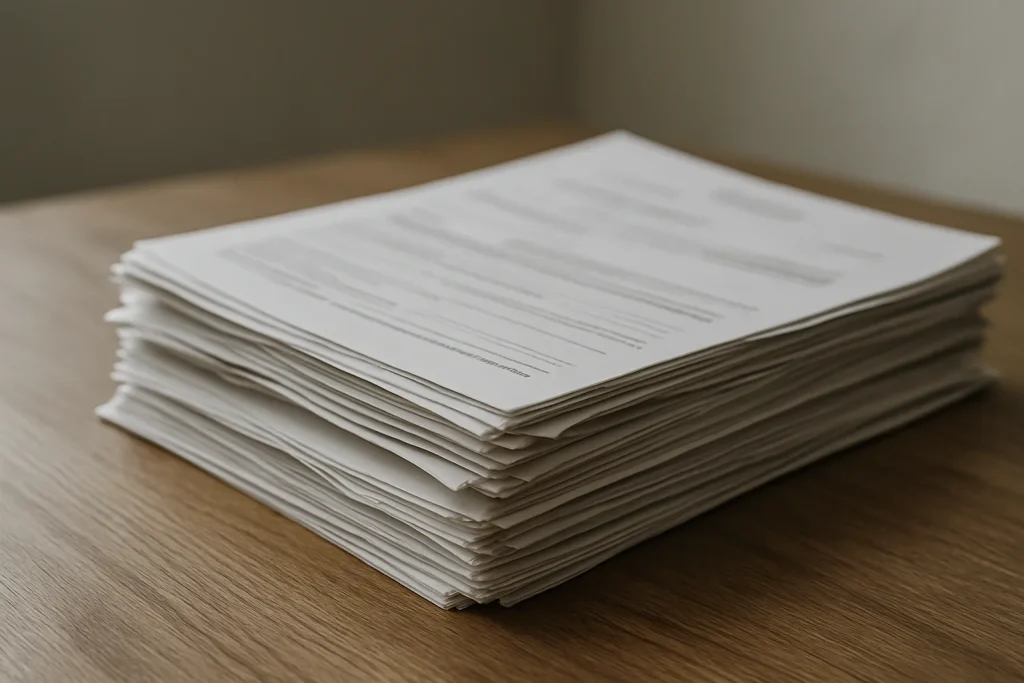 Pile de documents officiels sur une table en bois, lumière douce.