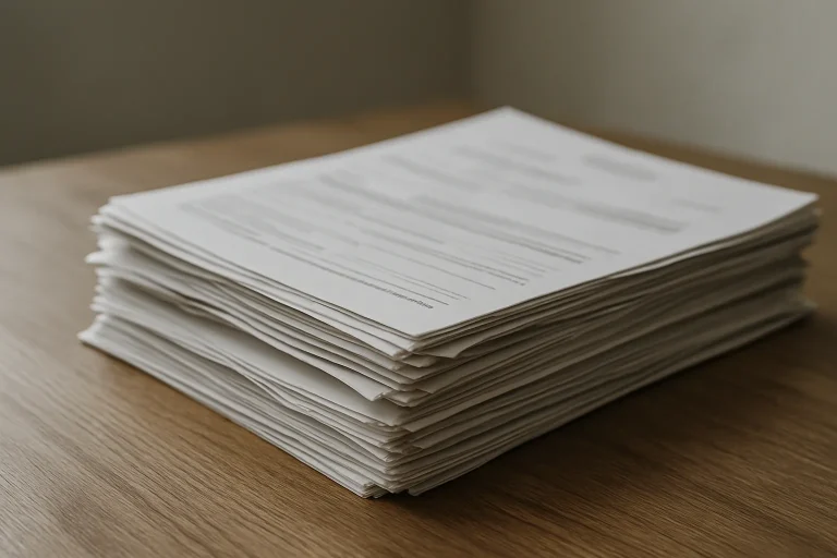 Pile de documents officiels sur une table en bois, lumière douce.