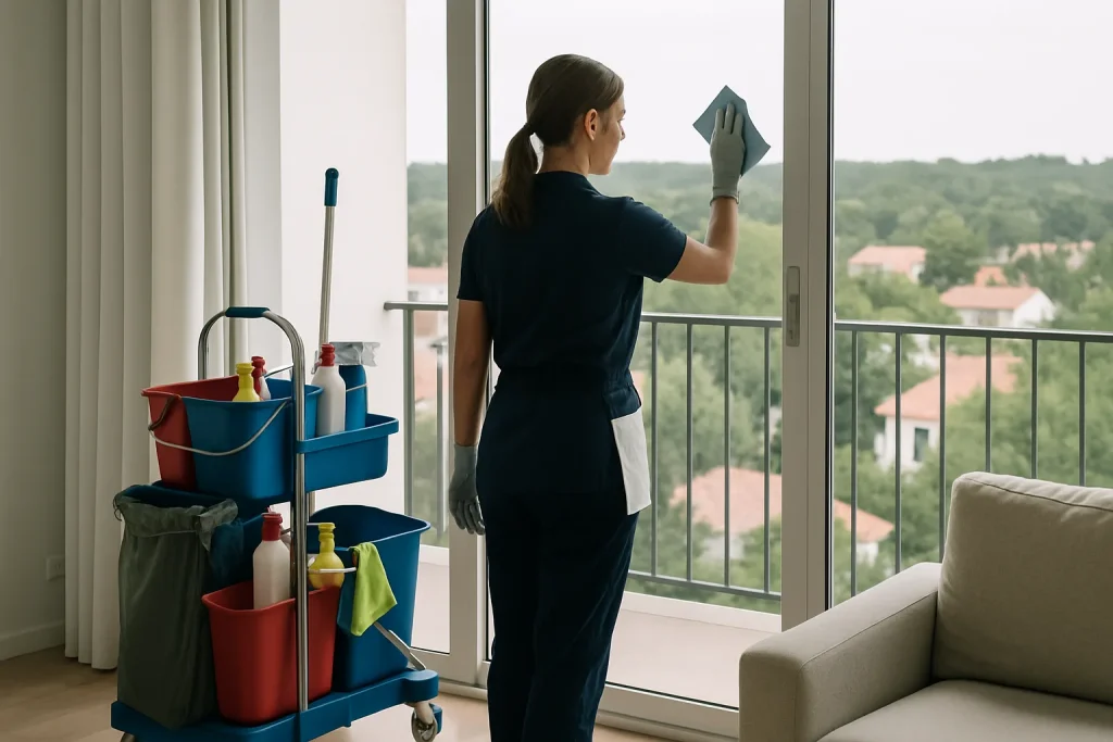 Un agent de nettoyage dans un appartement lumineux à LACANAU, utilisant des produits de nettoyage.