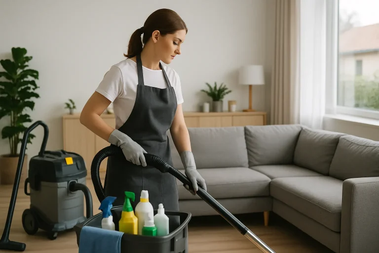 Un technicien de nettoyage à La Teste-de-Buch nettoyant un appartement lumineux avec du matériel professionnel.