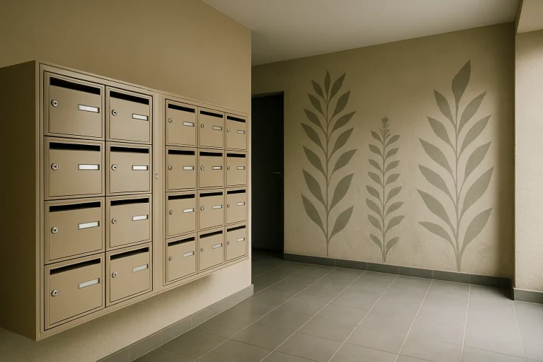 Hall d'immeuble à Lormont, avec boîtes aux lettres et décoration murale visible.