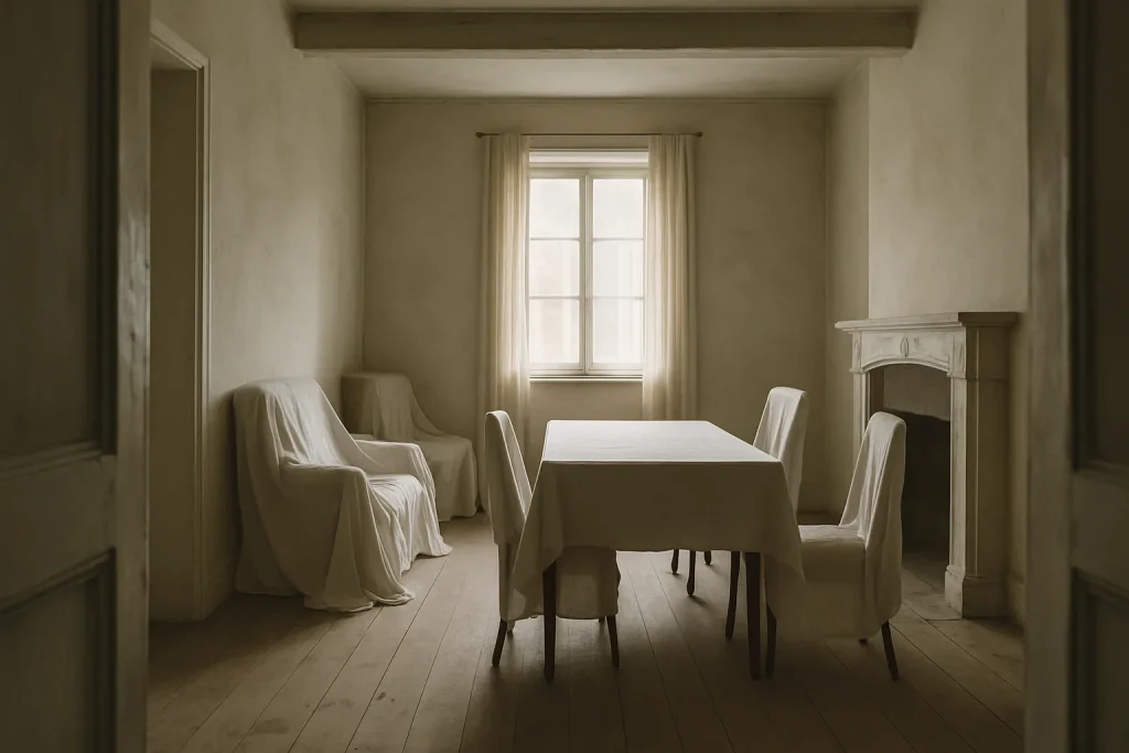 Intérieur d'une maison ancienne avec meubles couverts, lumière douce