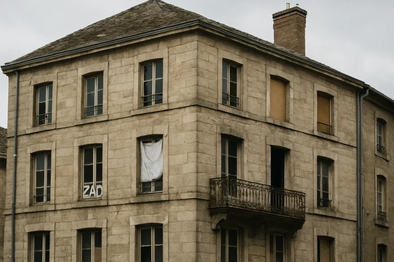 Façade d'un immeuble ancien montrant des signes visibles de squat à l'extérieur.