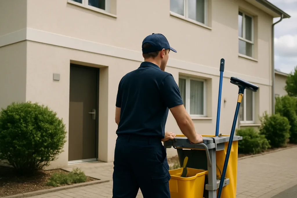 Équipe de nettoyage dans un appartement à SOULAC-SUR-MER, montrant des techniciens en action.