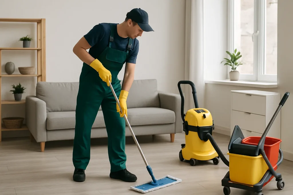 Agent de nettoyage professionnel en action dans un bureau à Castelnau-de-Médoc.