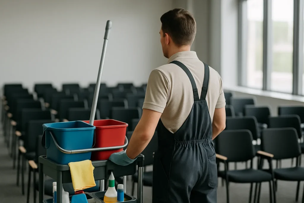 Équipe de nettoyage professionnelle à Salles en action dans un bureau.