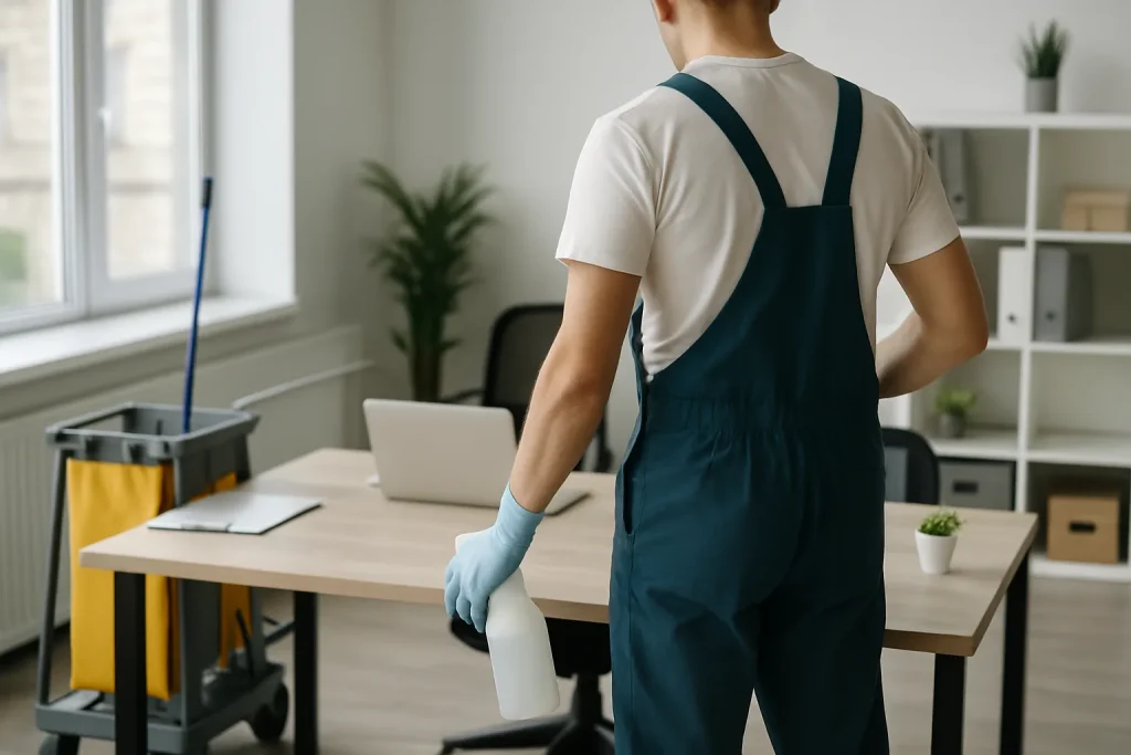 Équipe de nettoyage à Sainte-Hélène utilisant des produits professionnels dans un appartement.