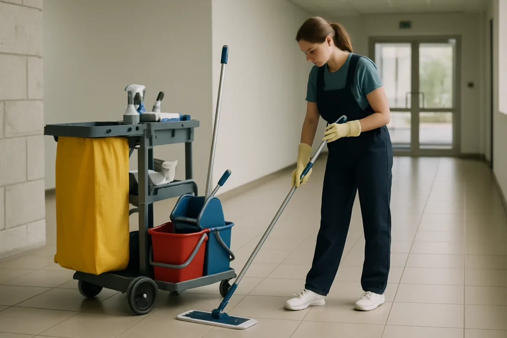 Professionnels du nettoyage dans un appartement à Cubzac-les-Ponts en train de travailler.