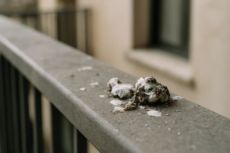 Fientes de pigeon sur une balustrade de balcon en gros plan, lumière naturelle.