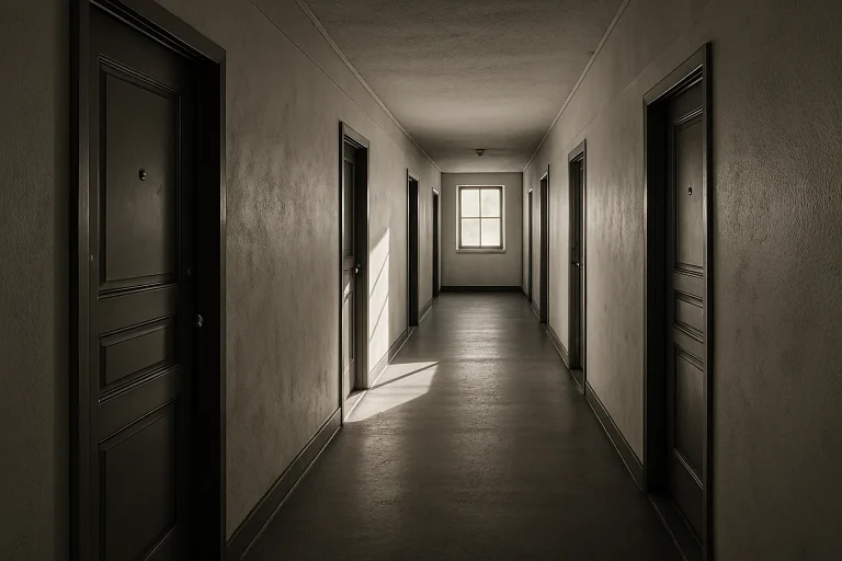 Couloir d'immeuble vide avec portes fermées, éclairage naturel et ombres marquées