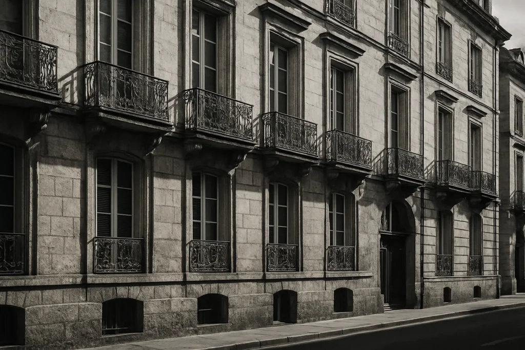 Façade d'un immeuble à Bordeaux, en noir et blanc, avant intervention de nettoyage