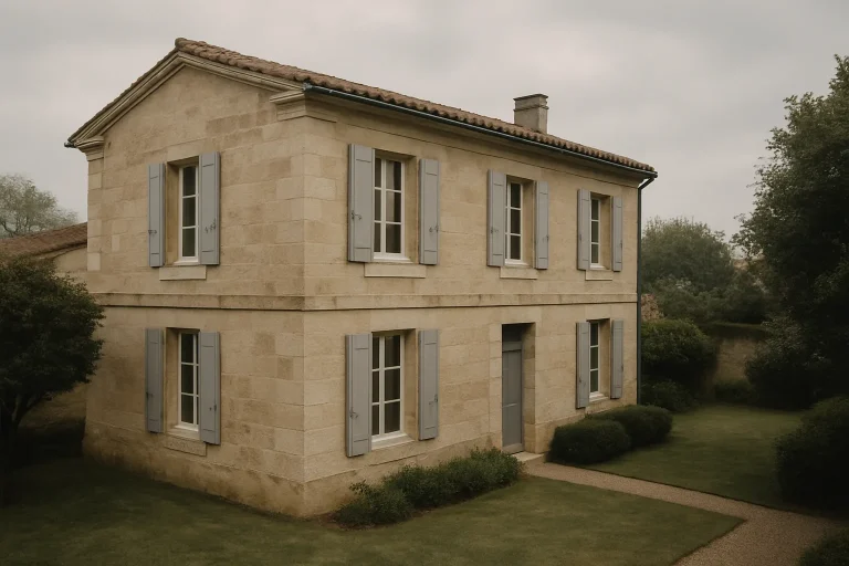 Maison bordelaise avec jardin, lumière douce, contexte de nettoyage après décès