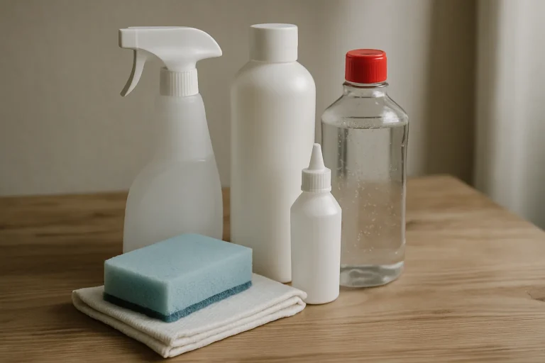 Produits de nettoyage et désinfection posés sur une table en bois, éclairage naturel.