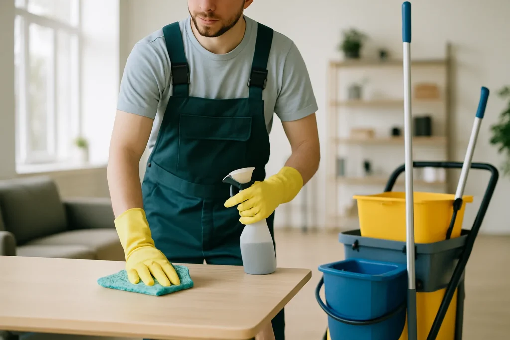 Équipe de nettoyage professionnelle à La Réole dans un appartement en désordre.