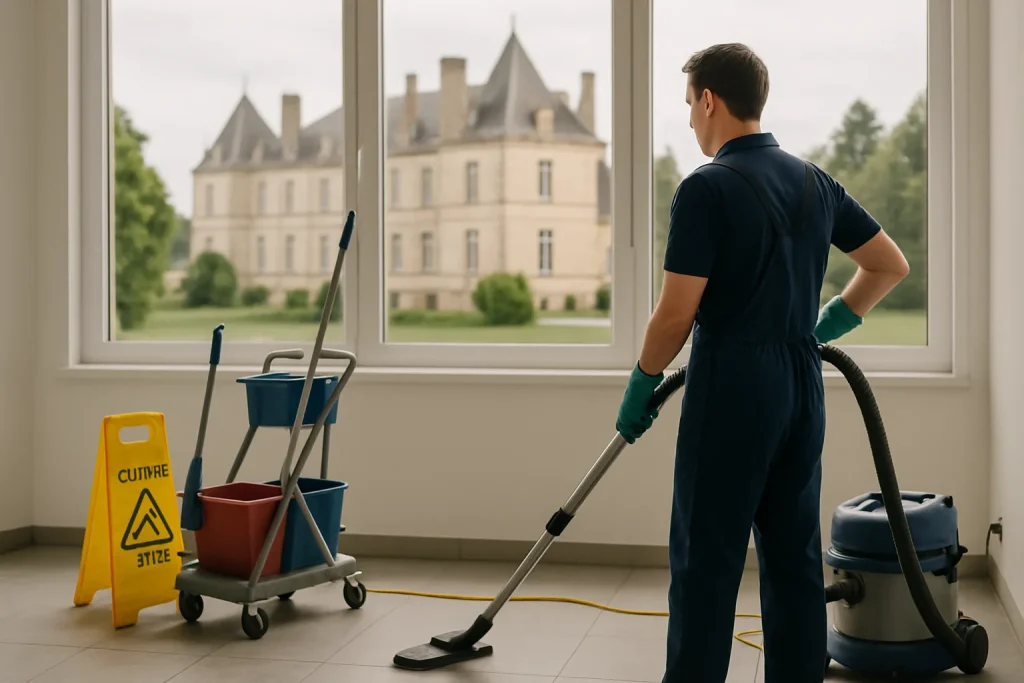 Une équipe de nettoyage effectuant des travaux dans un appartement à Carignan-de-Bordeaux.