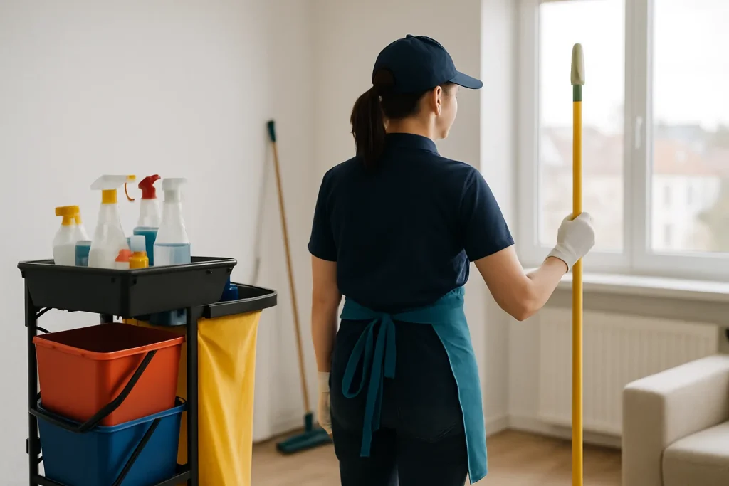 Équipe de nettoyage à Pauillac utilisant des équipements modernes dans un appartement.