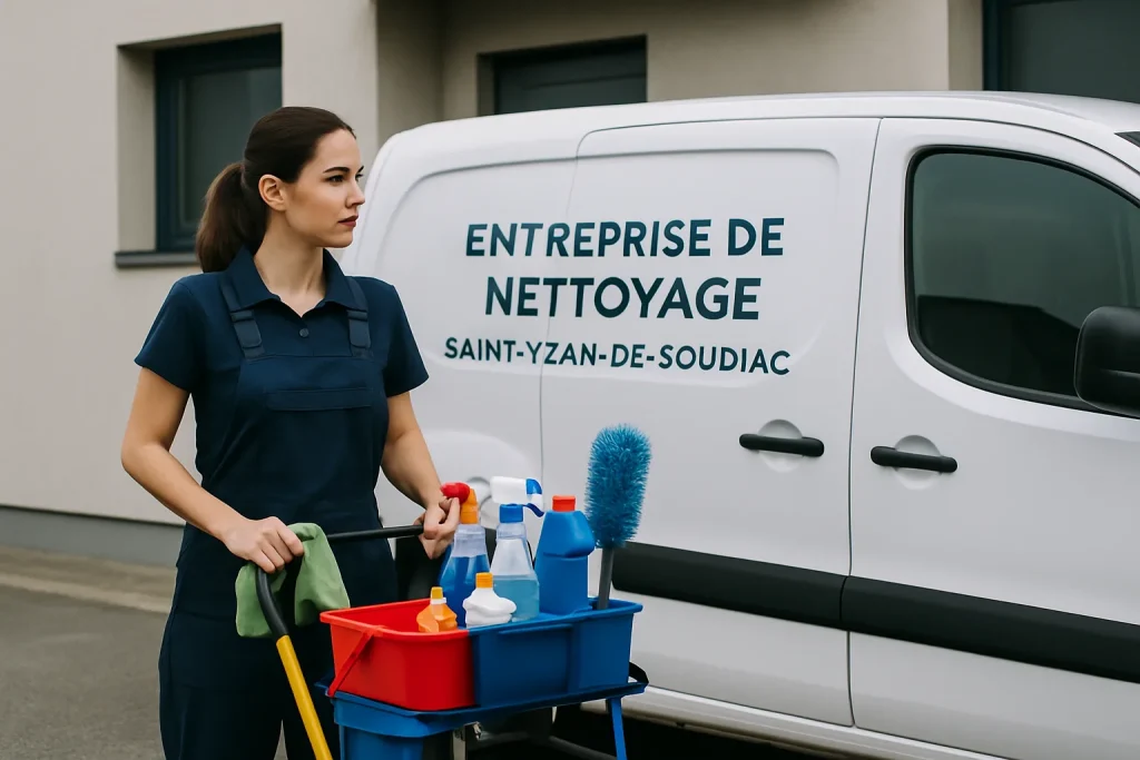 Professionnels du nettoyage à SAINT-YZAN-DE-SOUDIAC nettoyant un bureau avec des équipements modernes.