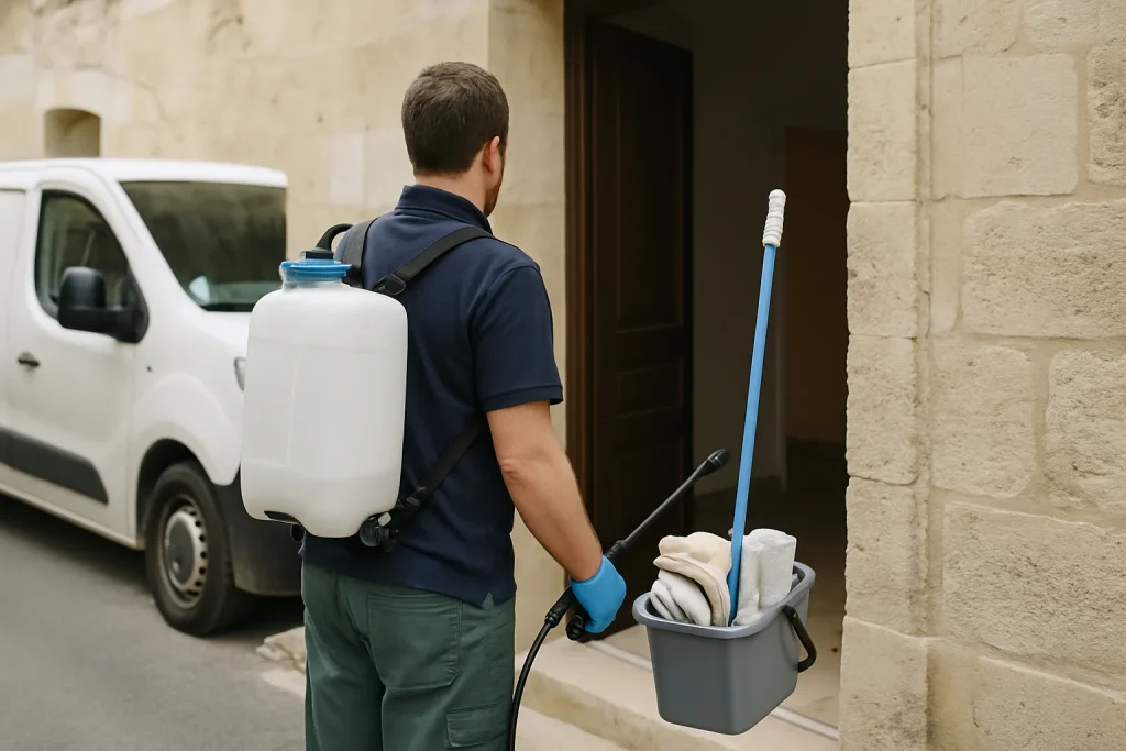 Un agent de nettoyage en train de nettoyer un appartement à Castillon-la-Bataille.
