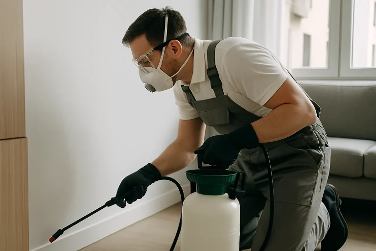 Exterminateur en action dans un appartement infesté, utilisant des outils de sécurité.