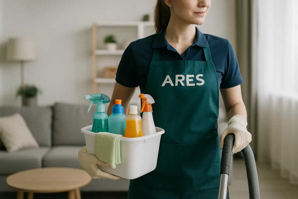 Équipe de nettoyage professionnelle travaillant dans un appartement à ARES, utilisant des produits écologiques.
