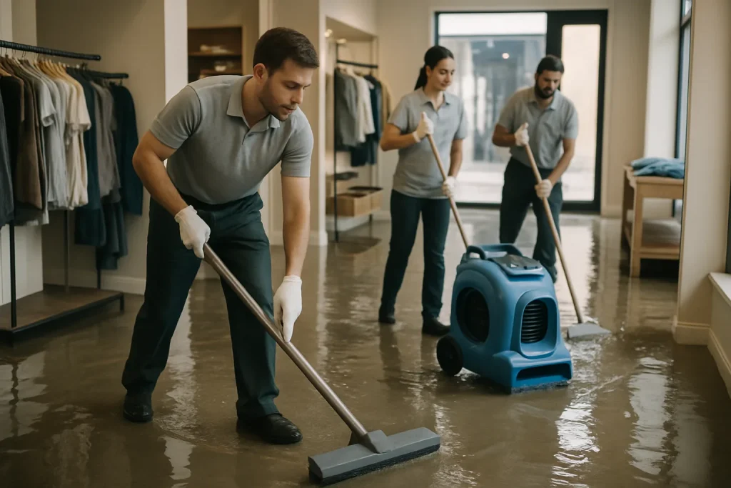 Équipe de nettoyage utilisant des outils pour réhabiliter un commerce inondé à Bègles