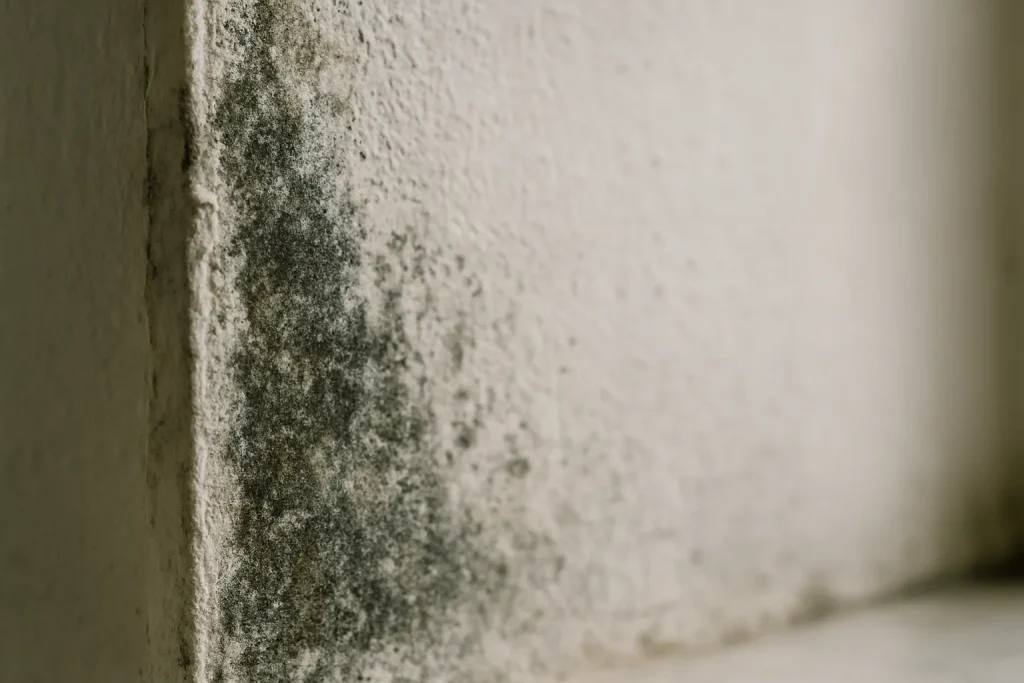Surface intérieure d'un mur avec moisissure et humidité visible, arrière-plan flou