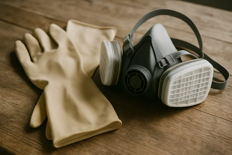 Gants en caoutchouc et masque respiratoire sur une table en bois avec lumière naturelle.