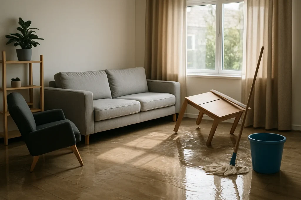 Salon inondé avec traces d'eau et meubles déplacés, lumière du jour.