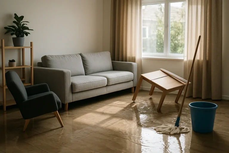 Salon inondé avec traces d'eau et meubles déplacés, lumière du jour.