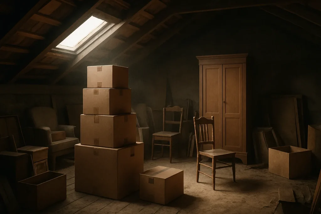 Grenier encombré avec cartons et meubles, lumière douce, à Langon.