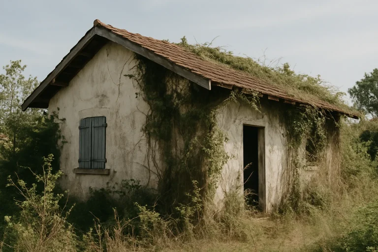 Maison abandonnée entourée de végétation à La Teste-de-Buch, sous un ciel clair.