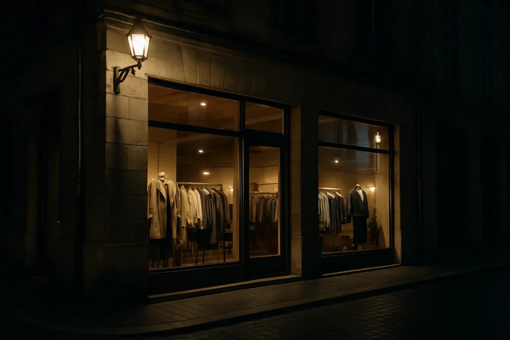 Magasin à Bordeaux la nuit, lumières tamisées, vitrines reflétant les éclairages