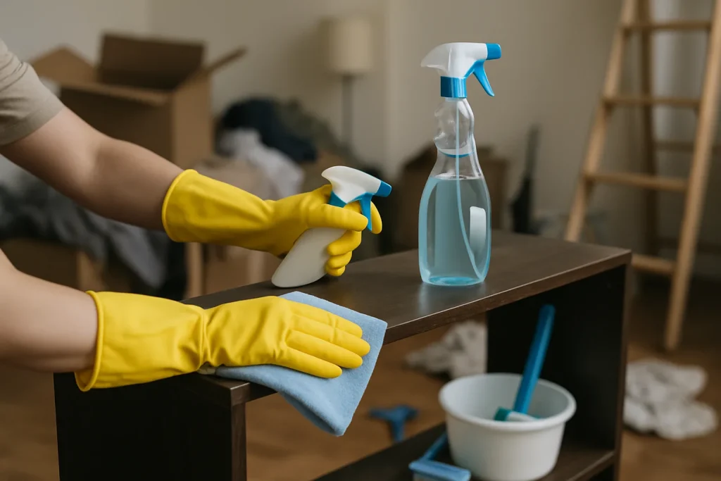 Mains gantées nettoyant une étagère dans une pièce encombrée, outils de nettoyage visibles.