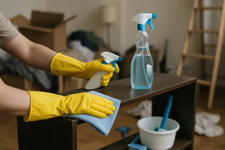 Mains gantées nettoyant une étagère dans une pièce encombrée, outils de nettoyage visibles.