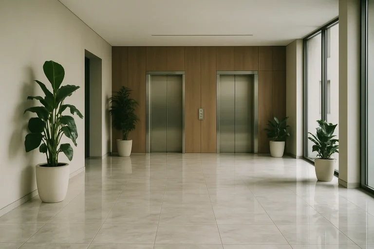Un hall d'immeuble moderne avec sol en marbre, plantes et ascenseurs.