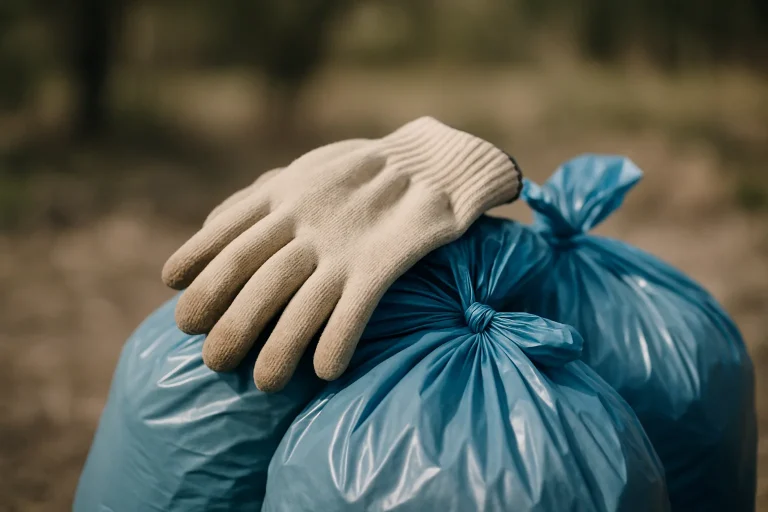 Gros plan sur gants de protection et sacs hermétiques pour déchets.