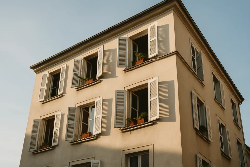 Façade d'un immeuble résidentiel avec fenêtres ouvertes et plantes visibles.