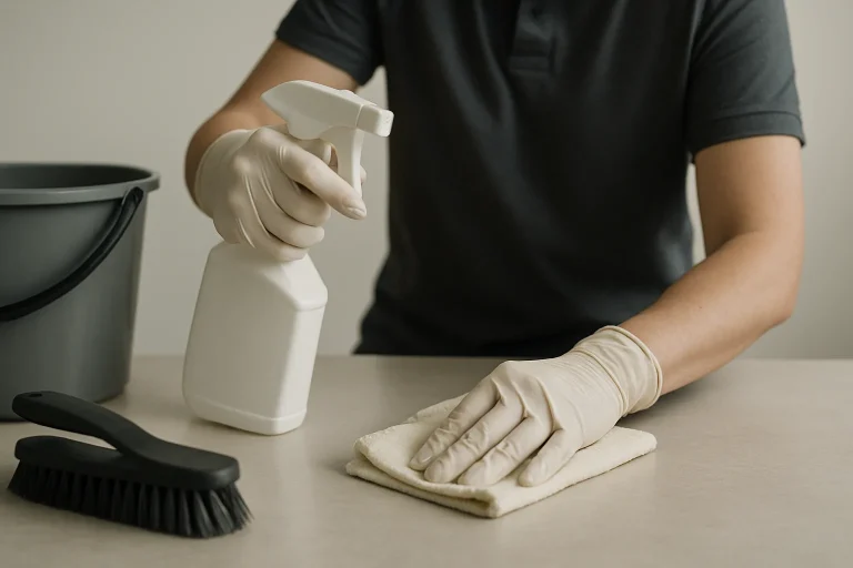 Mains en action avec gants et outils de nettoyage après une découverte de corps.