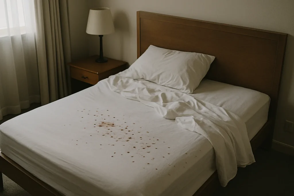 Chambre à coucher avec lit défait, traces de punaises visibles sur les draps.