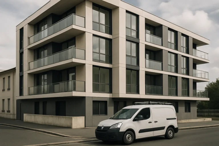 Camionnette de nettoyage stationnée devant un bâtiment moderne à Bordeaux, ciel nuageux